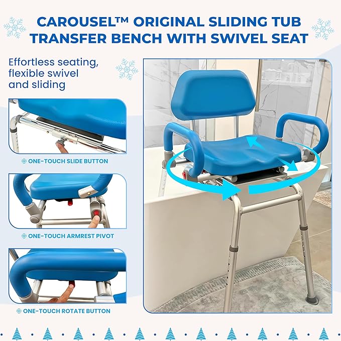 Platinum Health Carousel Sliding Shower Chair Tub Transfer Bench with Swivel Seat, Premium Padded, Pivoting Arms, Adjustable Space Saving Design for Tubs, Inside Shower, for Handicap & Seniors, Blue