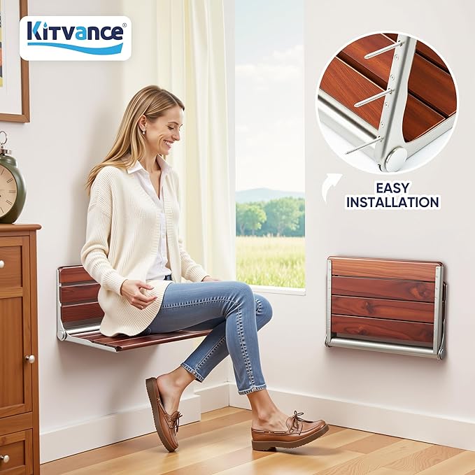 Upgraded 18" ADA Compliant Folding Teak Shower Seat Wall Mounted-Teak Folding Shower Bench, Folding Shower Seat for Inside Shower, Teak Foldable Shower Chair, Fold Down Shower Seat, Max Load 400lbs