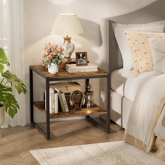 Homieasy End Table, 20 Inch Square End Table, Mini Fridge Stand with 2-Tier Storage Shelves, Industrial Wood Side Tables for Living Room, Rustic Brown