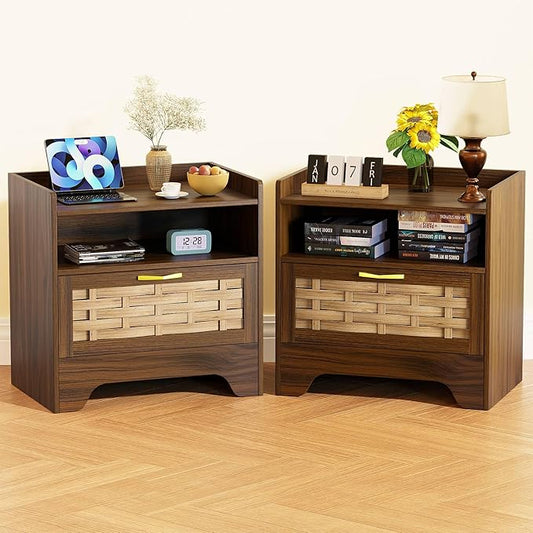 24" Rattan Nightstand Set of 2, Walnut Bedside Table with Semi Open Cubby, Boho Night Stand with Farmhouse Arched Base for Bedroom, Side Table, End Table for Dorm