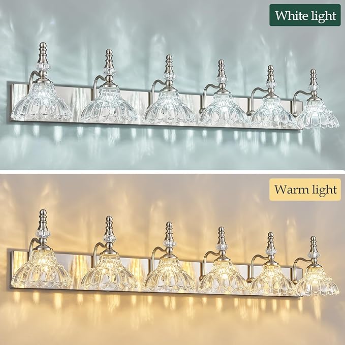 Vintage Bathroom Vanity Light, 6-Light Brushed Nickel Vanity Lighting Fixture with Flower Glass Shade, Bathroom Lighting Fixtures Over Mirror