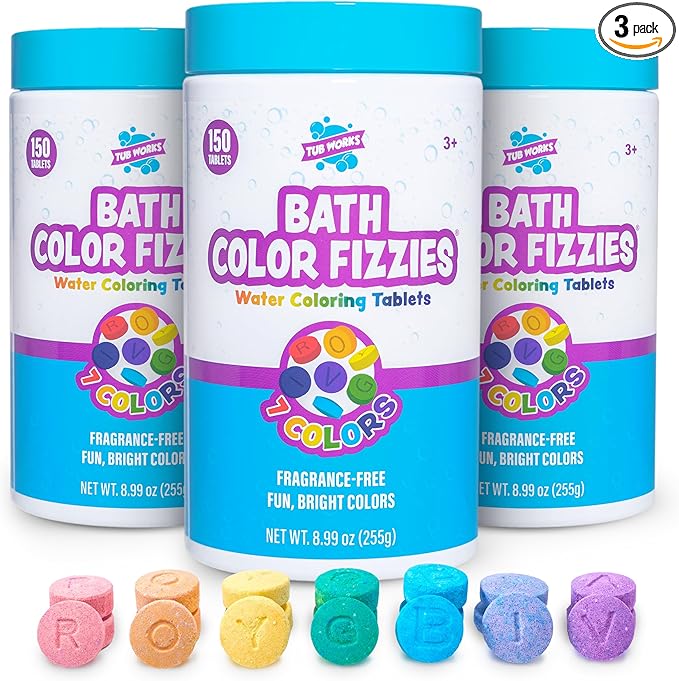 Tub Works® Bath Color Fizzies®, 150 Count, 3 Pack | Nontoxic & Fragrance-Free | Color Bath Drops Create Fun Bath Colors | Bath Color Tablets in 7 Colors for Variety | Bath Bombs for Kids Bath