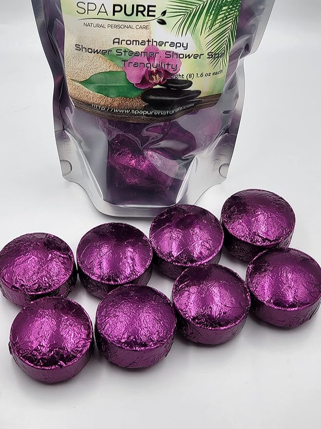 Spa Pure Tranquility Shower Steamers: Aromatherapy Shower Bombs Made in USA with 100% Natural/Organic Essential Oils - Transform Your Shower (8 Count) Pack of 1