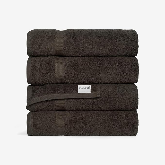SALBAKOS 100% Turkish Cotton Bath Towel Set of 4 27x54 inch | Heirloom Quality | Hotel & Spa Collection | Soft, Super Absorbent, Long Lasting Bath Towels | Made in Turkey (Chocolate, 4 Bath Towels)