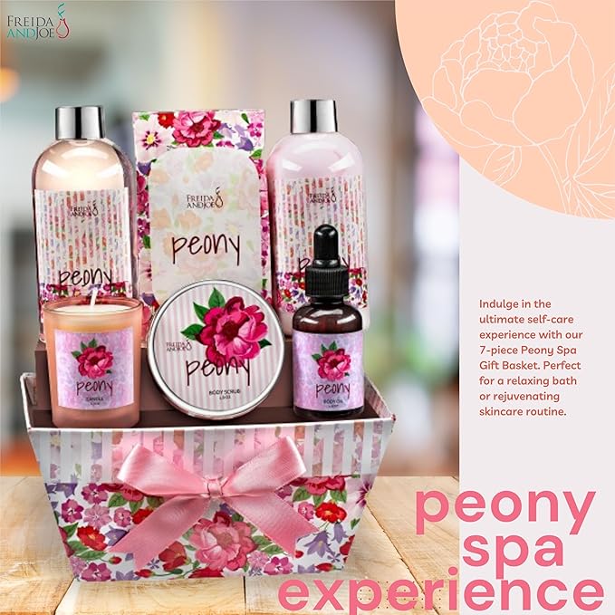Bath and Body Gift Set for Women with Shower Gel, Body Lotion, Body Scrub, Body Oil, Bath Salt, and Scented Candle – Perfect Spa Gift (Peony Floral)