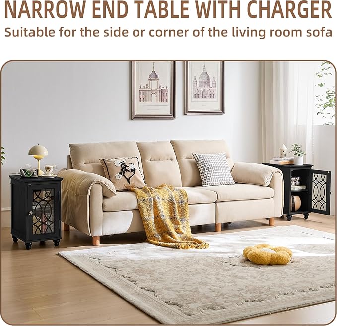 Narrow Side Table with Charging Station Set of 2, Night Stand with Glass Door,Bedside End Tables with Adjustable Shelf Storage Cabinet,Wood Nightstand for Small Spaces Living Room Bedroom