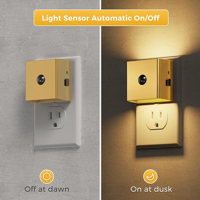L LOHAS LED Night Light,Plug in Night Light with Motion Sensor and Dusk to Dawn Sensor, Brightness Adjustable,3000K Soft White, Gold Nightlight for Bathroom Hallway Kitchen