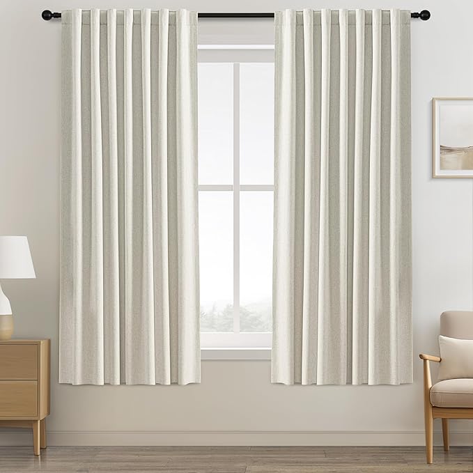 100% Blackout Curtains 63 Inches Long Curtain for Bedroom Living Room Back Tab Rod Pocket Ivory Drapes Thermal Insulated Textured Short Black Out Drape 2 Panels Set