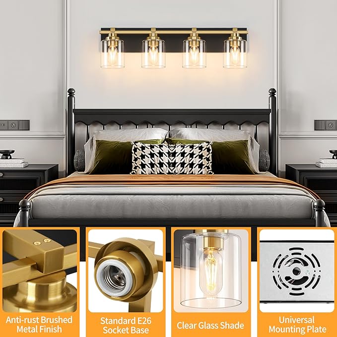 4 Light Modern Bathroom Light Fixtures Over Mirror, Black Gold Vanity Lights for Bathroom Wall Sconces with Clear Glass Shades, E26 Socket (Bulbs Not Included)