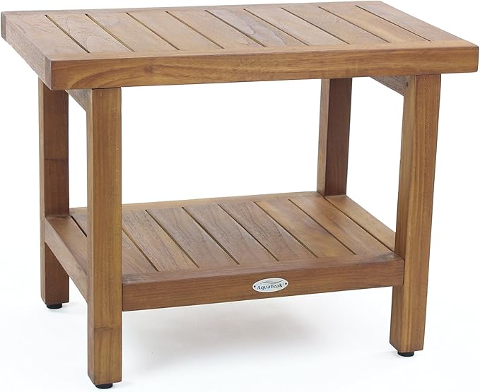 The Original 24" Spa Teak Shower Bench with Shelf & AquaTeak Two-Step Care Kit