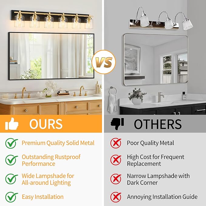 6 Light Modern Bathroom Light Fixtures Over Mirror, Black Gold Vanity Lights for Bathroom Wall Sconces with Clear Glass Shades, E26 Socket (Bulbs Not Included)