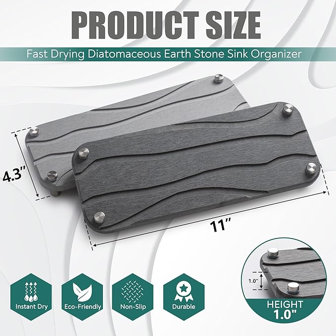 2 PCS Quick Drying Stone Tray for Bathroom Counter- Water Absorbing & Fast Drying in Seconds - Kitchen Sink Caddy Organizer for Countertop as Sponge Holder (Gray and Dark Gray)
