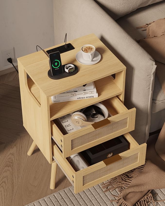 Rattan Nightstand with Charging Station,Modern Bedside Table with 2 Storage Drawer and Open Wood Shelf, for Bedroom and Small Spaces,Night Stand with Solid Wood Legs (Yellow Oak)