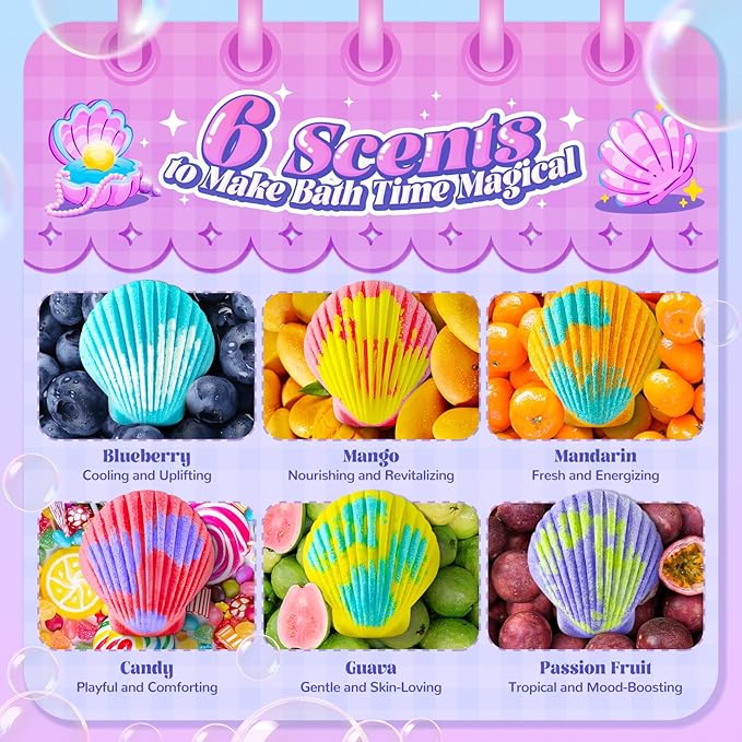 Shell Bath Bombs for Girls – 12 Pack Child-Safe Aromatherapy Bath Bombs with 20 Surprise Toys Inside, 6 Fruity Scents in 2 Gift Boxes (Mermaid & Unicorn Themes), Christmas Gift for Kids