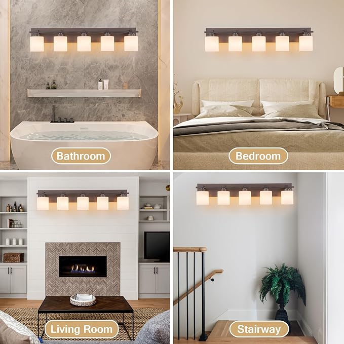 5 Light Modern Bathroom Light Fixtures Over Mirror, Bronze Finish Vanity Lights for Bathroom Wall Sconces with Milky White Glass Shades, E26 Socket (Bulbs Not Included)