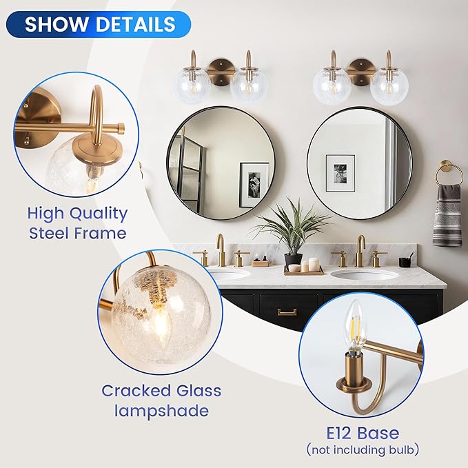 2-Light Bathroom Light Fixtures, Gold Bathroom Lights Over Mirror with Cracked Glass Globe Shade, Modern Vanity Lights for Bathroom Bedroom Living Room Hallway E12 Base(Bulbs Not Included)