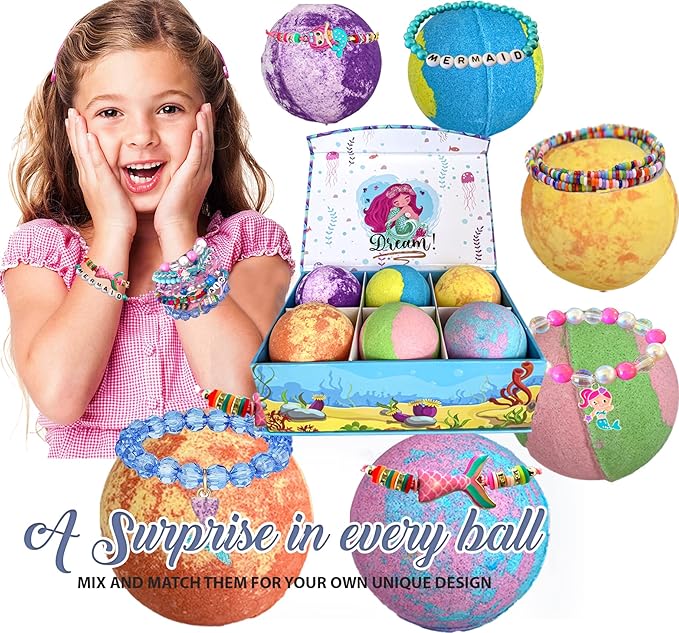 Bath Bombs for Kids with Surprise Inside, Mermaid Bath Bombs for Girls with Jewelry & Jewelry Box for Kids Organic, Skin Moisturizing, Natural Bubble, Birthday Gifts for Boys, Girls