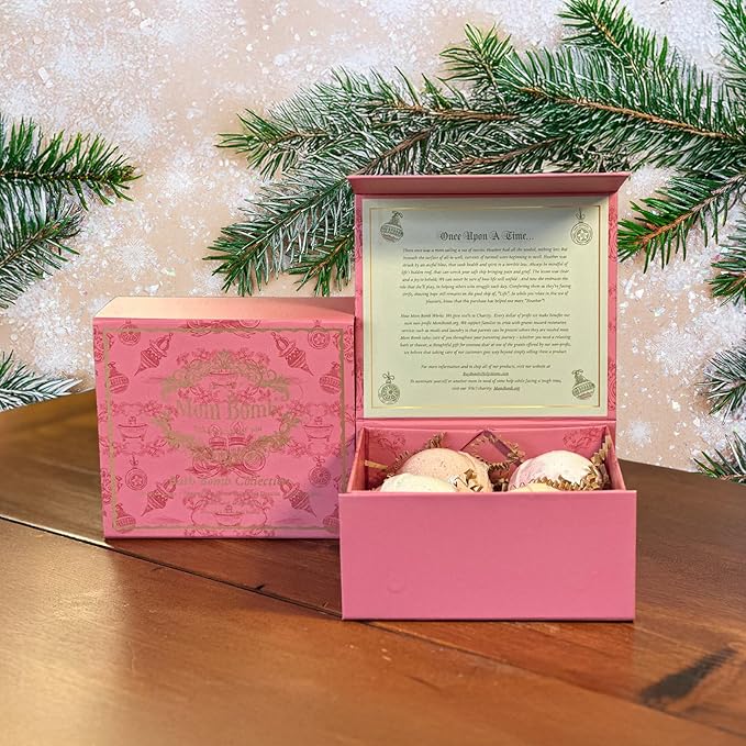 Mom Bomb Bath Bomb Gift Set (4) – Mistletoe Kisses, Peppermint Cocoa, Fireside Dreams & Warm Apples – Essential Oils, Plant-Based Scents – Made in USA – Gift for Women