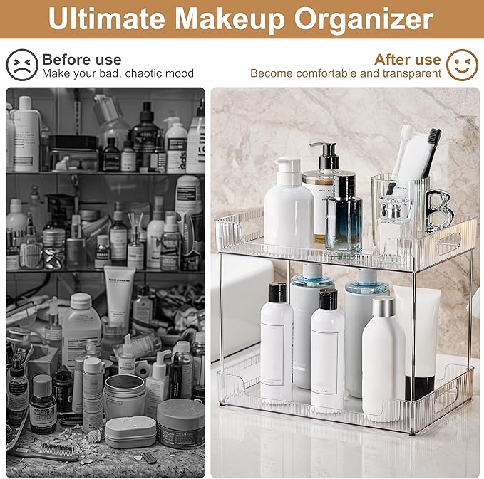 2-Tier Bathroom Counter Organizer, Multi-Purpose Cosmetics Skincare Shelf, Fits A4 Size Makeup Organizer for Office and Vanity Tray, Countertop Storage Solution for Kitchen,Bath.(Clear)