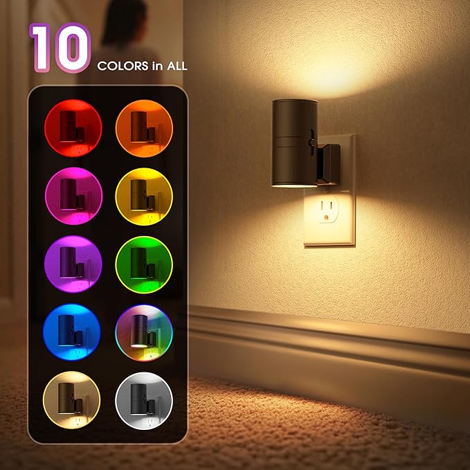 Briignite Night Lights Plug into Wall, 2 Pack 11-Color Changing Night Light with 1 Remote Control, 3000K+6000K+RGB LED Nightlight for Kids with Light Sensor, 0-100 LM Adjustable for Bedroom, Stairway
