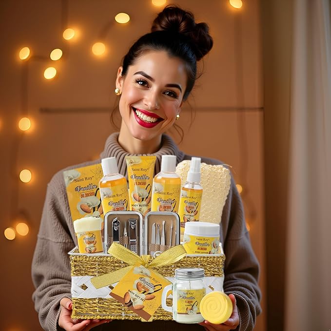 Bath & Body Gift Set, 19pcs Vanilla & Honey Almond Scents Bath Gift Baskets Home Spa Gift, Bath Spa Kit For Women and Men Luxury Home Spa Bath Gift Basket, Skin Care Gift Set, Spa Gifts, Pamper Gifts