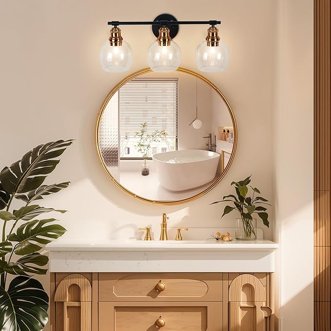3 Light Bathroom Vanity Light, Black and Gold Bathroom Light Fixtures, Sconces Wall Lighting with Seeded Glass Shade, Modern Brushed Gold Vanity Lights for Bathroom, Bedroom, Hallway