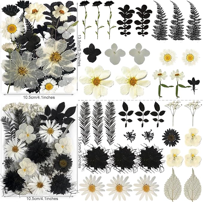 131PCS Black White Dried Pressed Flowers with Butterfly Stickers - YouthBro Real Nature Flowers Craft Set for Craft Resin DIY Jewelry Candle Soap Making Nail Card Scrapbook Art Floral Decors