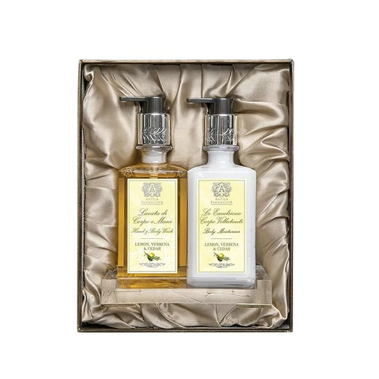 Antica Farmacista Acrylic Bath & Body Gift Set - Hand & Body Wash (10 oz), Body Moisturizer (10 oz) & Acrylic Tray - Self-Care Gift Box for Holidays, Birthdays & Housewarming - Lemon, Verbena & Cedar
