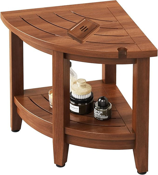 18" Teak Corner Shower Stool, Inside Shower Stool with Storage Shelf, Waterproof Teak Stool for Shaving Legs and to Sit On, 2-Tier Shower Stool,Adjustable Feet, Non-Slip, Brown
