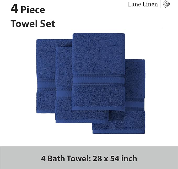 LANE LINEN 100% Cotton 4 Pack Bath Towels (28"x54") - Zero Twist, Mercerized Cotton Towels Set for Bathroom - Quick Dry, Soft & Absorbent Large Bath Towel Set - Dorm Essentials for Boys - Navy Blue