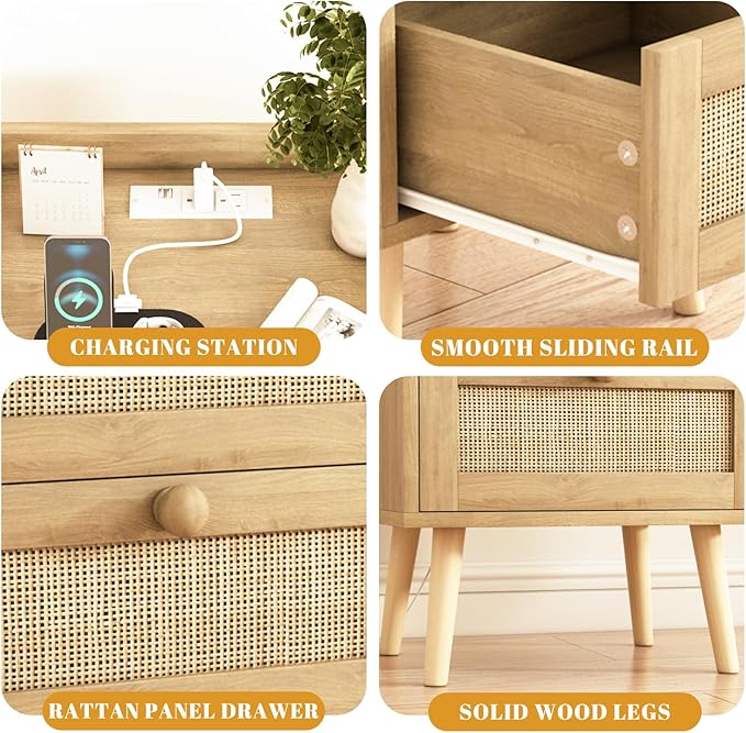Rattan Nightstand with Charging Station, Mid Century Modern Bedside Side Table with 2 Drawers, Boho End Table with Wood Legs for Bedroom Natural Night Stand for Living Room