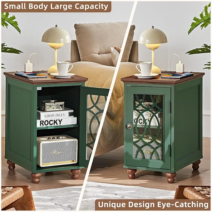 Narrow Side Table with Charging Station Set of 2, Night Stand with Glass Door,Bedside End Tables with Adjustable Shelf Storage Cabinet,Wood Nightstand for Small Spaces Living Room Bedroom
