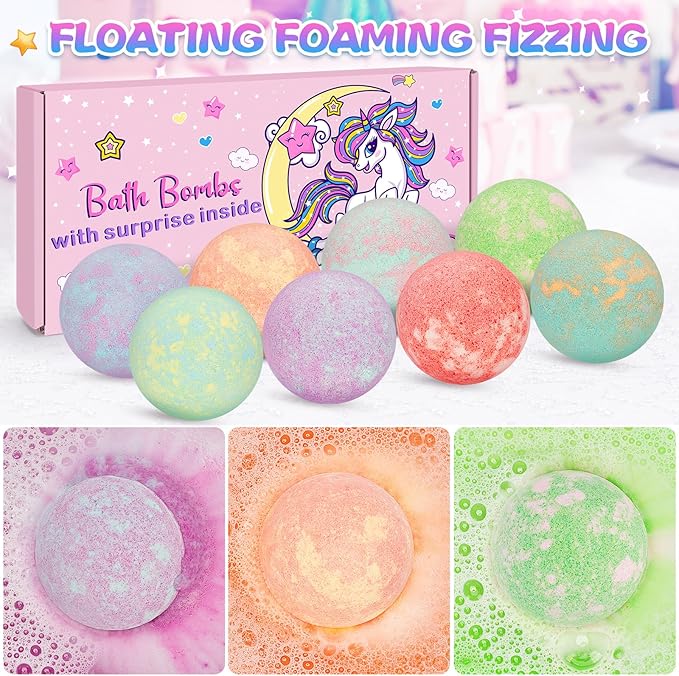8 Pack Bubble Bath Bombs for Kids with Bracelets Toys Inside, Organic Natural Kids Bath Bombs, Christmas Birthday Gift for 3 4 5 6 7 8 Year Old Girl, Princess Bath Bomb Kit with Mermaid Unicorn Toys