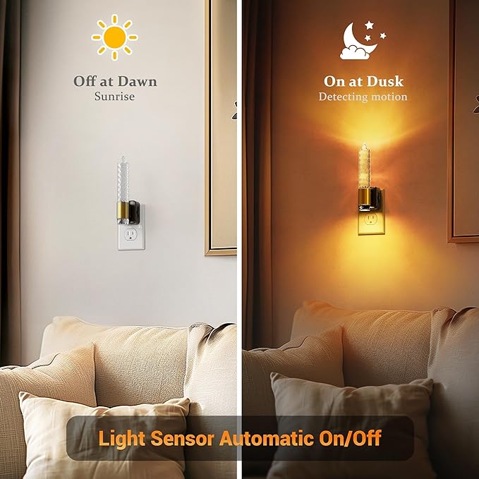 JandCase Night Light, Flameless Candle Amber Night Lights Plug into Wall 2 Pack, Auto On/Off Light Sensor Crystal Dimmable LED Nightlight, 0-100LM Decorative nite Light for Adults Bathroom Hallway
