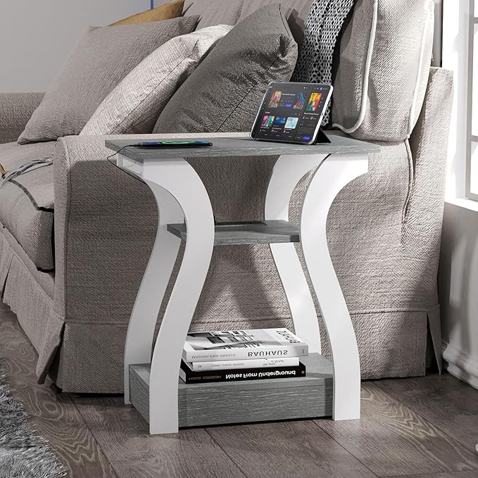 End Table with Charging Station, Side Table with USB Ports and Outlets, 3 Tier Nightstand Sofa Table for Small Spaces, Beside Table with Storage Shelf for Living Room, Bedroom
