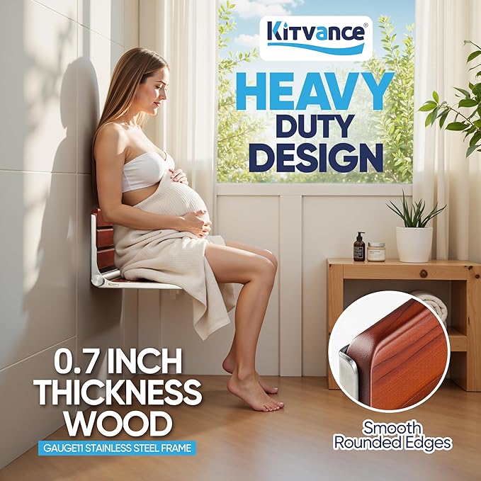 Upgraded 20" ADA Compliant Folding Teak Shower Seat Wall Mounted - Larger Teak Shower Bench, Home Care Folding Shower Seat for Inside Shower, Wall Mount Shower Chair Shower Stool, Max Load 400lb