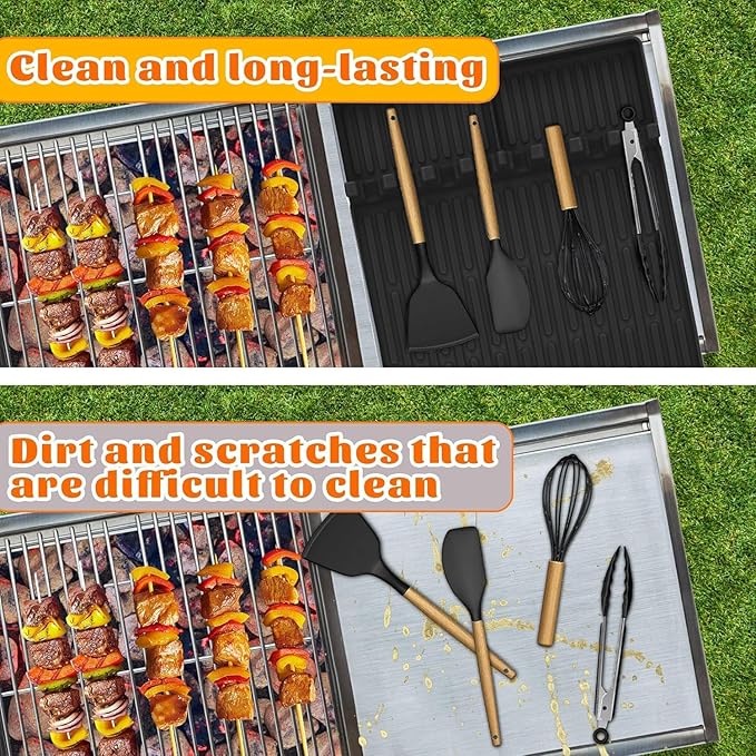 3 in 1 Silicone Griddle Tools Mat for Blackstone, Large Grill Side Shelf Mat, Heat Resistant Silicone Spatula Mat with Drip Pad, Utensil Rest with Drip Pad for Kitchen, Stovetop, Countertop- Black