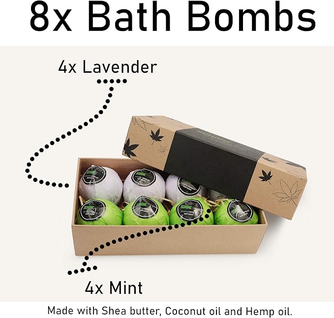 8 Pack Hemp Bath Bombs Set for Muscle Therapy & Relaxation | Large Vegan Fizzy Spa Gift for Women & Men | Natural Lavender, Mint Oils Moisturize Dry Skin & Soothe Stress, Wife Stocking Stuffers Gifts