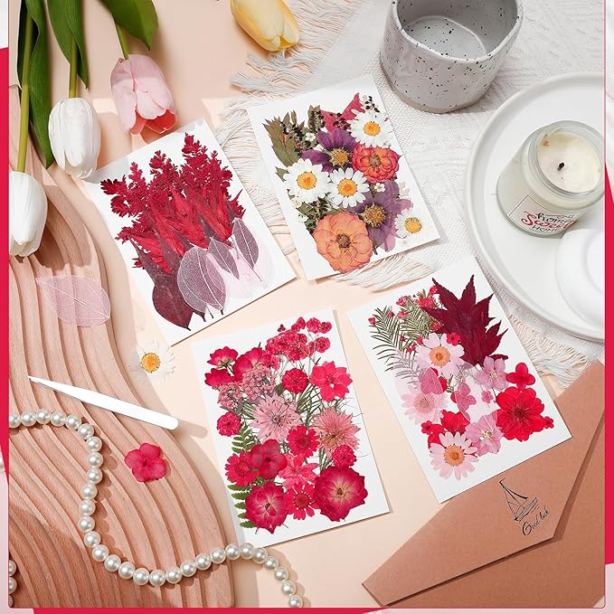 100 Pcs Dried Pressed Flowers, Real Natural Dried Wildflowers Leave with Tweezer Floral Decoration for DIY Crafts, Candle Making, Resin Mold and Scrapbooking Mixed Pink