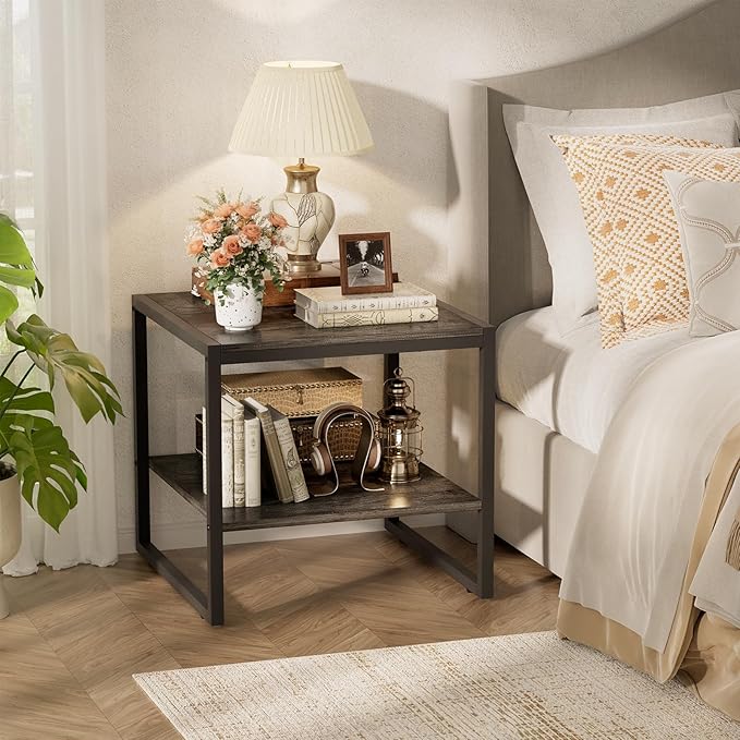 Homieasy End Table, 20 Inch Square End Table, Mini Fridge Stand with 2-Tier Storage Shelves, Industrial Wood Side Tables for Living Room, Black Oak