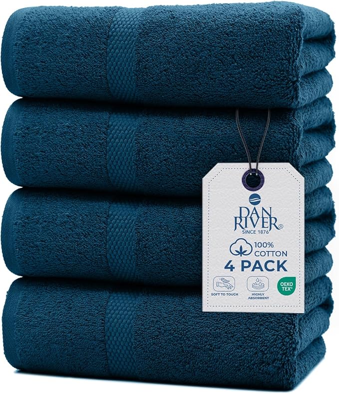 DAN RIVER Bath Towels Set of 4, 27 x 54 Inches, 100% Cotton, Larger & Lighter Weight, Quicker to Dry, Super Soft and Absorbent, Ideal Opal Blue Bath Towel for Daily Use
