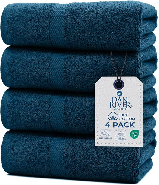 DAN RIVER Bath Towels Set of 4, 27 x 54 Inches, 100% Cotton, Larger & Lighter Weight, Quicker to Dry, Super Soft and Absorbent, Ideal Opal Blue Bath Towel for Daily Use