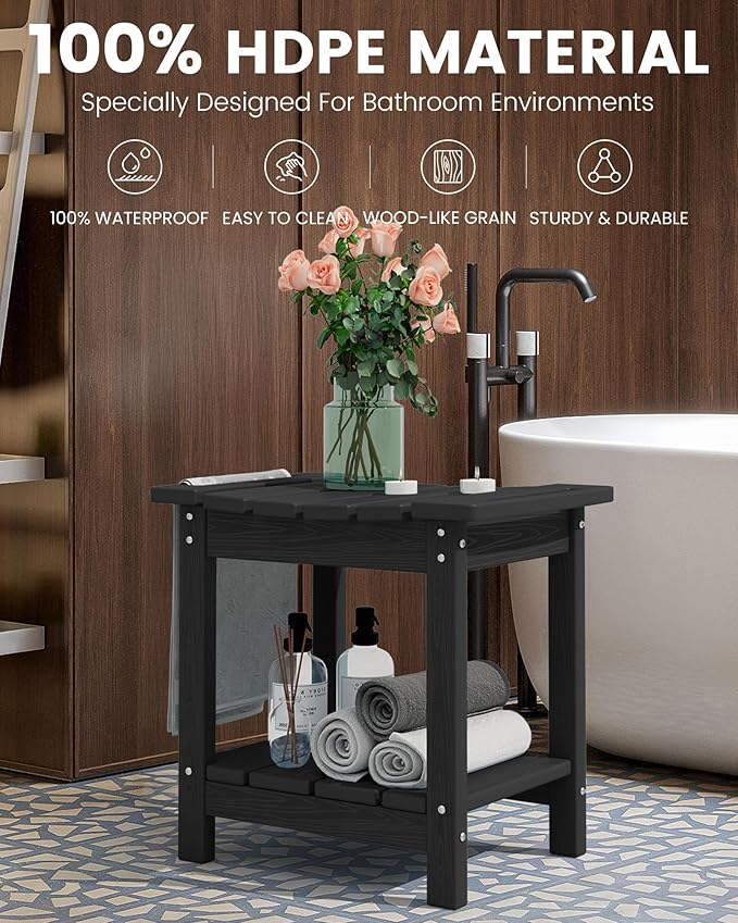 SERWALL Shower Bench, 18" Shower Stool for Inside Shower, HDPE Waterproof Shower Seats for Adults with Storage Shelf & Handles, 360 lbs Capacity- Black