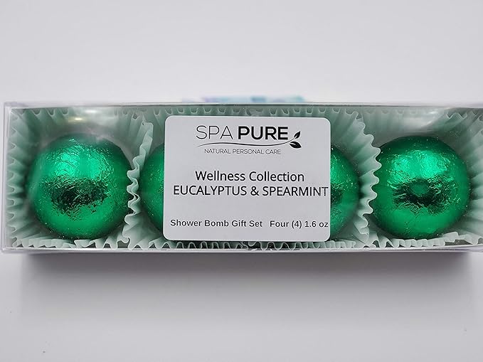 SPAPURE Wellness Collection Eucalyptus Spearmint - (4-Pack) Aromatherapy Fizzing Shower Bombs by Spa Pure