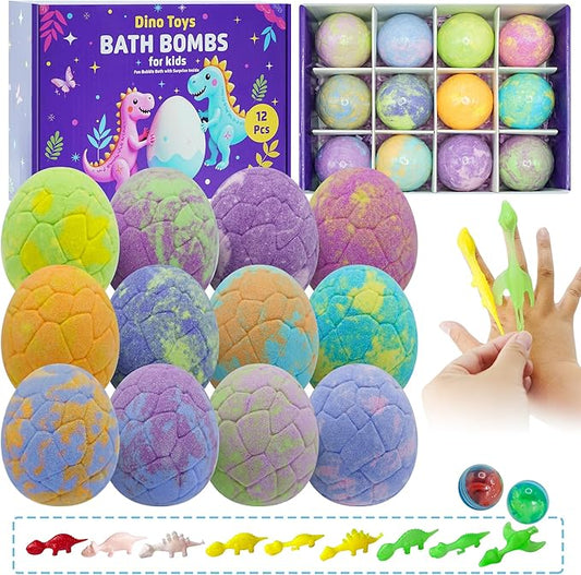 Easter Egg Bath Bombs for Kids with Surprise Inside, 12 Pack Kids Bath Bombs Gift Set for Easter Basket Stuffers, Dino Egg Bath Bomb Kit Fillers Bubble Bath Dinosaur Bath for Boys Girls Birthday