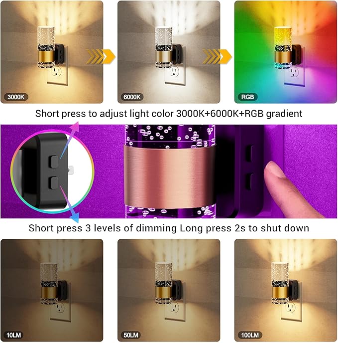 JandCase Night Lights Plug into Wall,2 Pack Color Changing Night Light for Kids with 1 Remote Control, 3000K+RGB LED Nightlight with Light Sensor, 10/50/100LM Adjustable for Rooms Home Decor