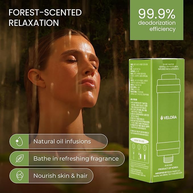 VELORA Vitamin C Shower Filter - Forest-Scented Aromatherapy Shower Water Filter and Softener - Universal Showerhead Bathroom Attachment - Replenish Dry Skin, Soften and Nourish Hair