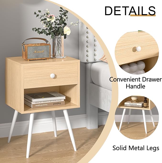 VECELO Nightstands Set of 2, Mid Century Modern End Bedside Table, Night Stand with Storage Drawer and 2 Tiers Open Shelf for Small Place, Bedroom, Living Room, Easy Assembly, Oak Wood