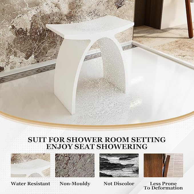 CASAINC Solid Surface Shower Stool for Inside Shower, Stone Resin Arched Bathroom Stool Modern Matte White Shower Bench, Approximately 440 LBS Load Capacity, No Assembly