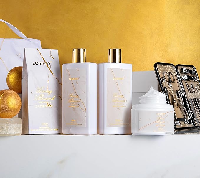 Christmas Gifts for Mom, Gift Basket, Spa Gifts For Women, 31Pc Self Care Kit, Stress Relief Gift, Birthday, Thank You, Honey Almond Bath and Body Gift - Toiletry Bag, Nail Kit, Bath Bombs & More
